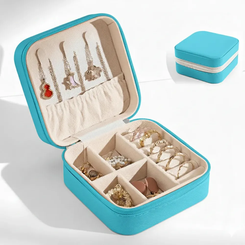 Mini Porta Joias Organizador Portátil Com Zíper Compacto Azul Tiffany